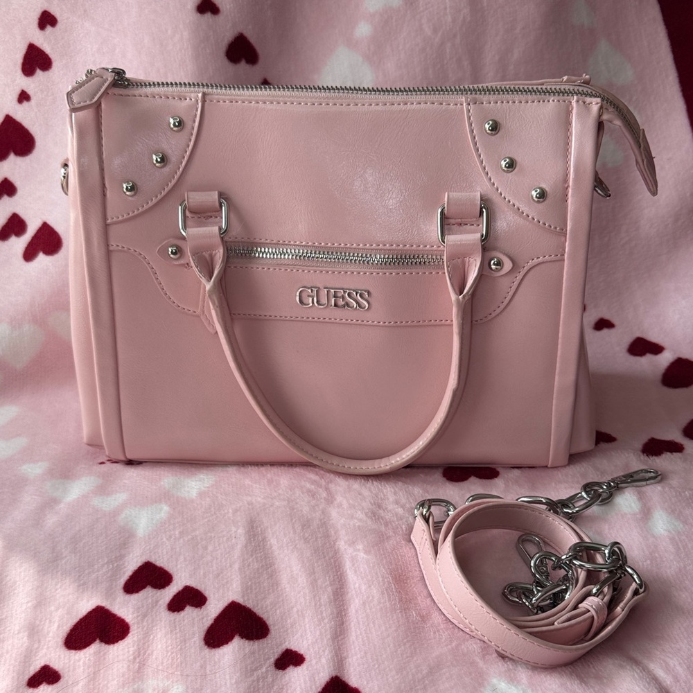 GUESS Light Pink Convertible Satchel with Chain Strap